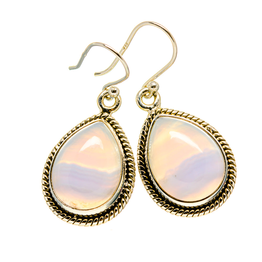 Teardrop blue lace agate earrings with silver-tone beaded bezel and French hooks