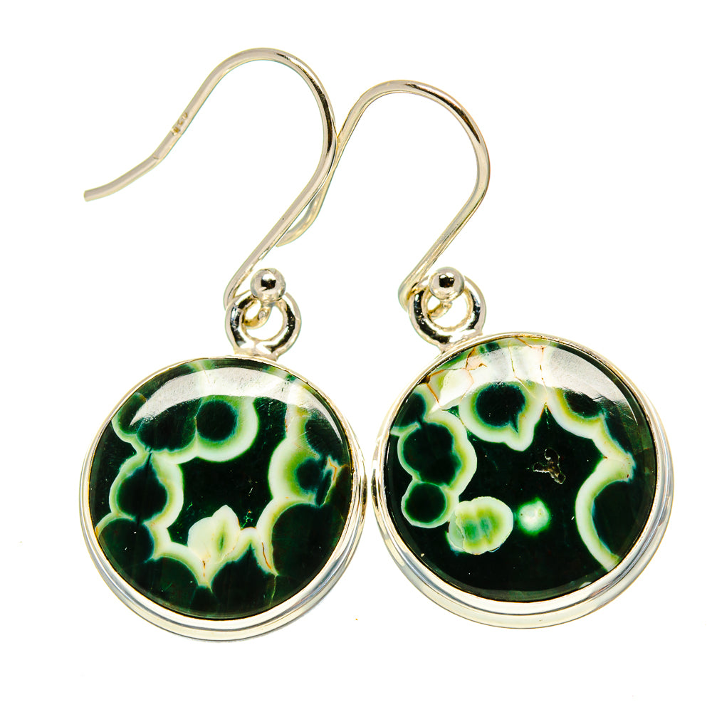 Sterling silver dangle earrings with green ocean jasper round discs
