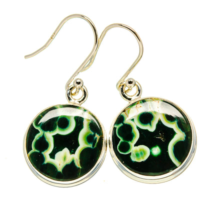 Sterling silver dangle earrings with green ocean jasper round discs