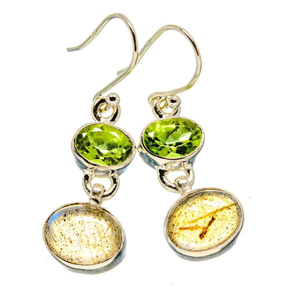 Sterling silver drop earrings with green peridot and speckled golden round stones