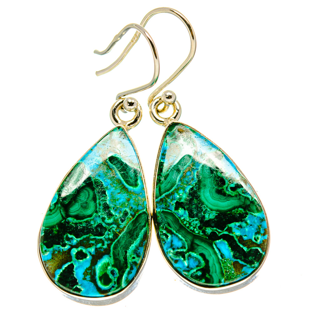 Pair of teardrop malachite-chrysocolla drop earrings with green turquoise stone, silver hooks