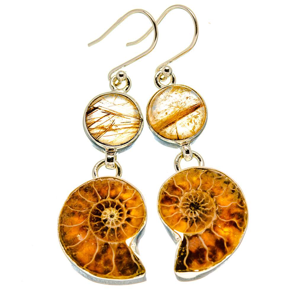 Gold-tone drop earrings with round rutilated quartz and ammonite fossil charms, hook backs