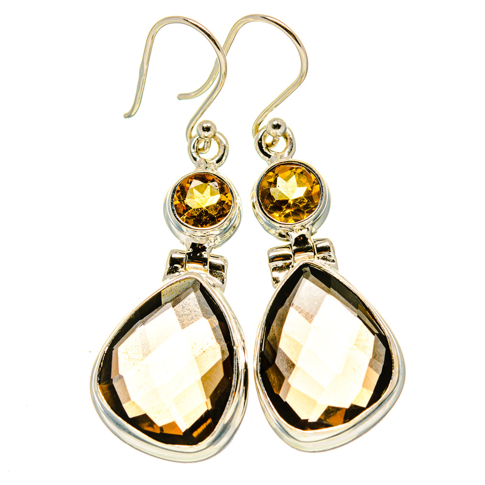 Sterling silver dangle earrings, amber round tops and faceted teardrop stones