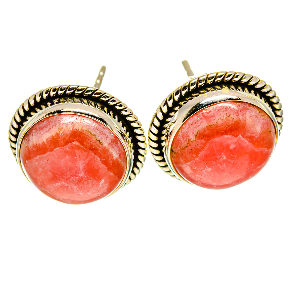 Rhodochrosite stud earrings, round pink stones in 925 sterling silver with twisted frame