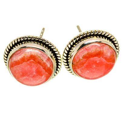 Rhodochrosite stud earrings, round pink stones in 925 sterling silver with twisted frame