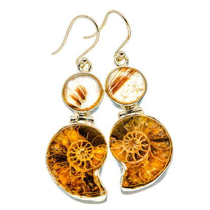 Ammonite Fossil, Rutilated Quartz Earrings handcrafted by Ana Silver Co - EARR416313