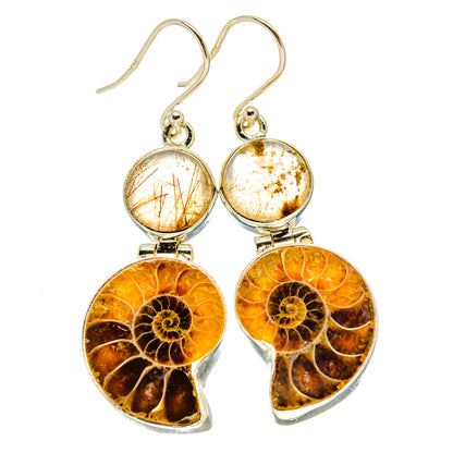 Ammonite Fossil, Rutilated Quartz Earrings handcrafted by Ana Silver Co - EARR416333