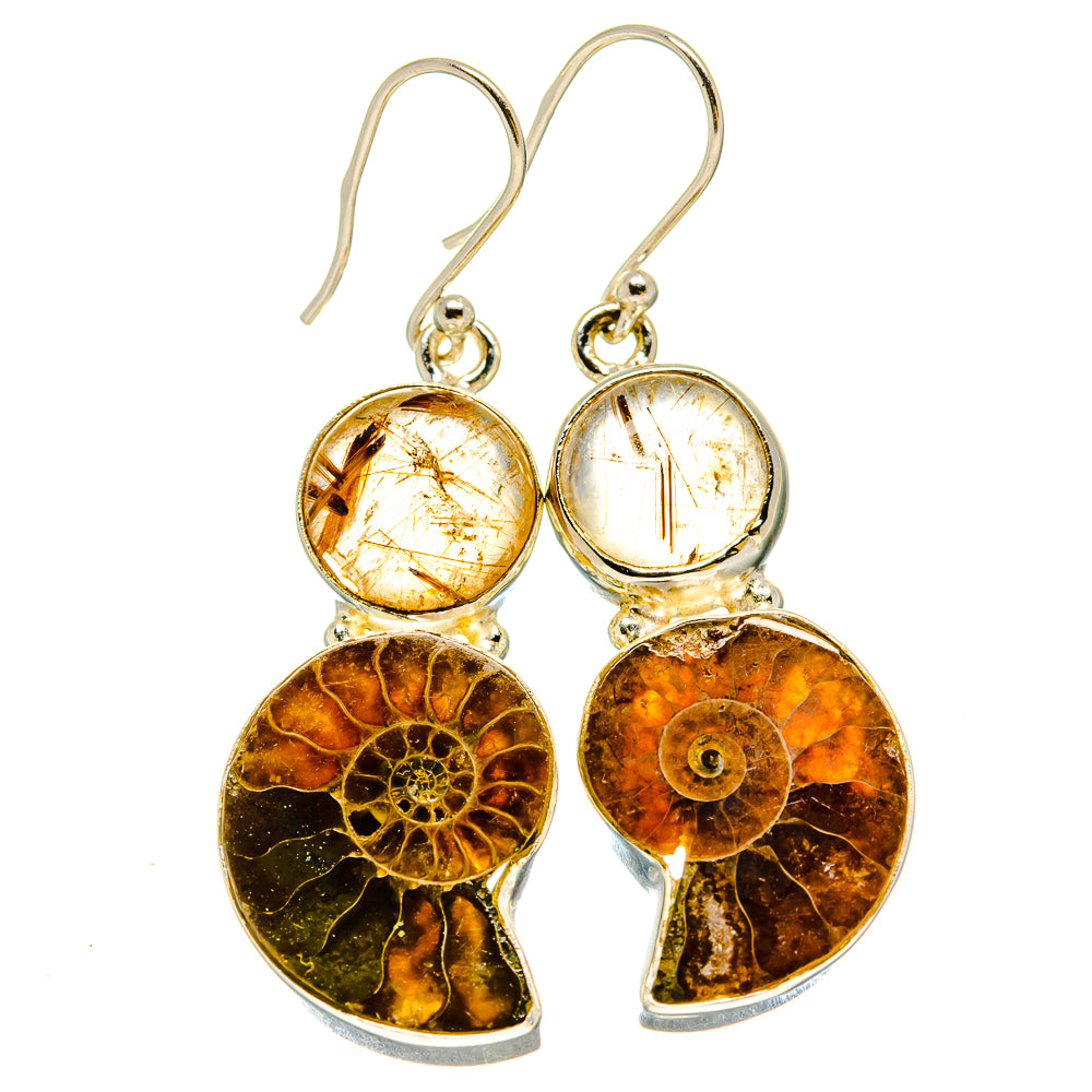 Ammonite Fossil, Rutilated Quartz Earrings handcrafted by Ana Silver Co - EARR416336