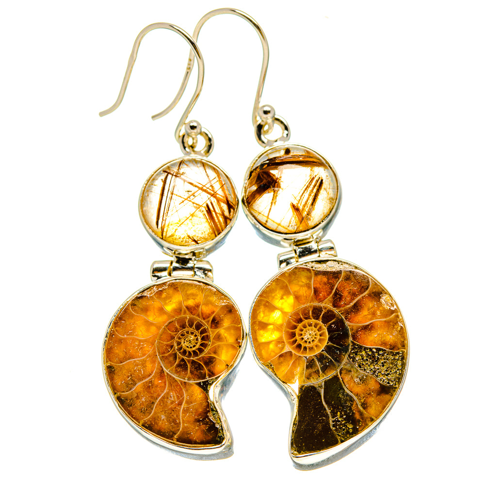 Ammonite Fossil, Rutilated Quartz Earrings handcrafted by Ana Silver Co - EARR416339