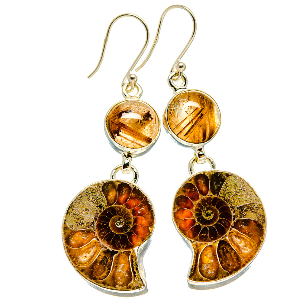 Ammonite Fossil, Rutilated Quartz Earrings handcrafted by Ana Silver Co - EARR416343