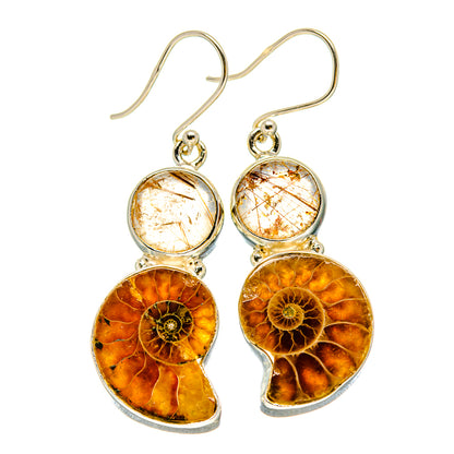Ammonite Fossil, Rutilated Quartz Earrings handcrafted by Ana Silver Co - EARR416344
