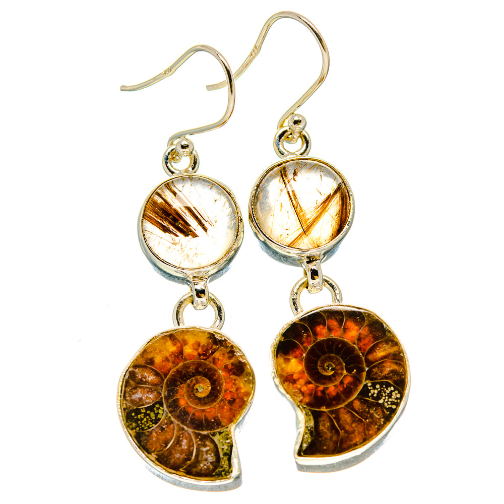 Ammonite Fossil, Rutilated Quartz Earrings handcrafted by Ana Silver Co - EARR416347