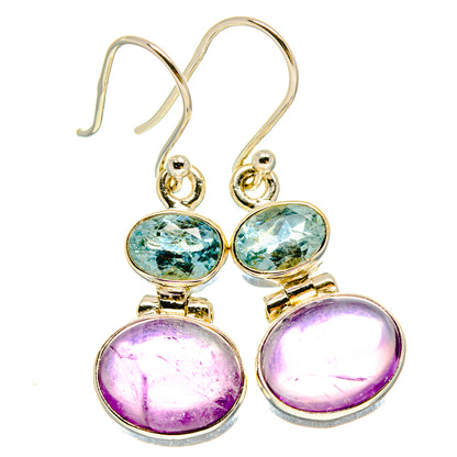 Sterling silver amethyst and blue topaz drop earrings with oval purple and aqua gemstones