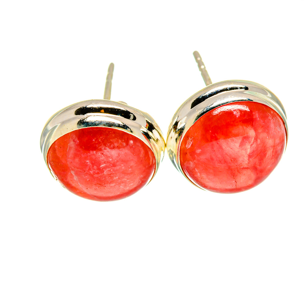 Round rhodochrosite earrings with pink cabochon stones, silver bezels and posts