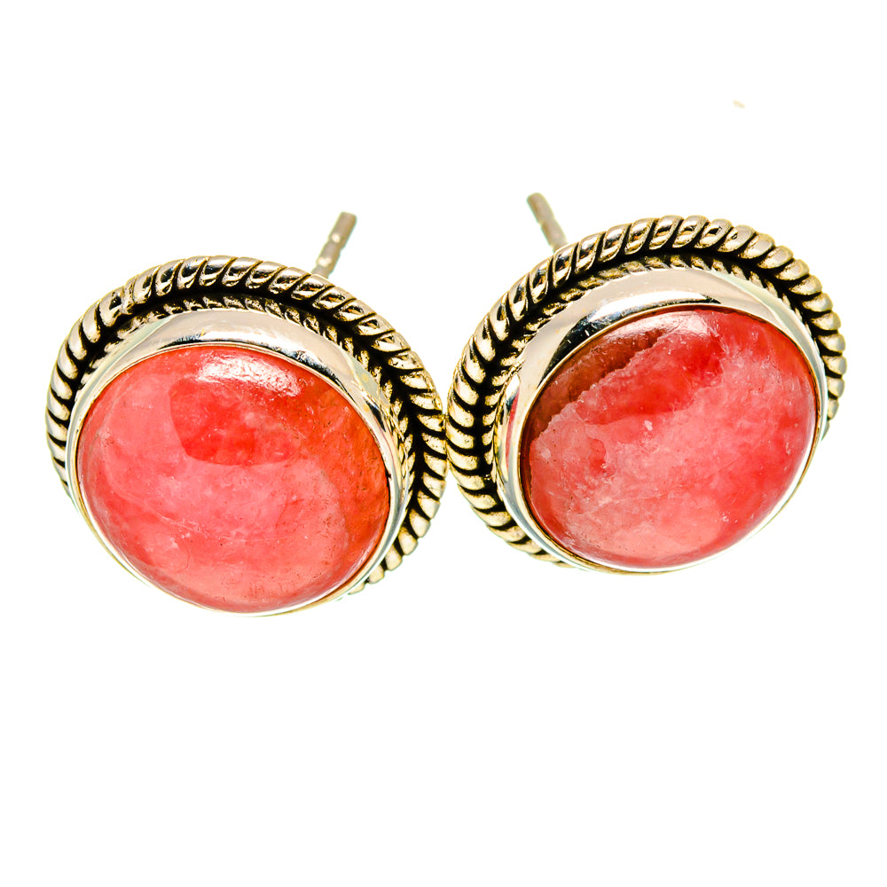 Oval rhodochrosite gemstone stud earrings with twisted gold-tone metal bezel