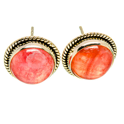 Sterling silver stud earrings with round red rhodochrosite cabochon, rope bezel