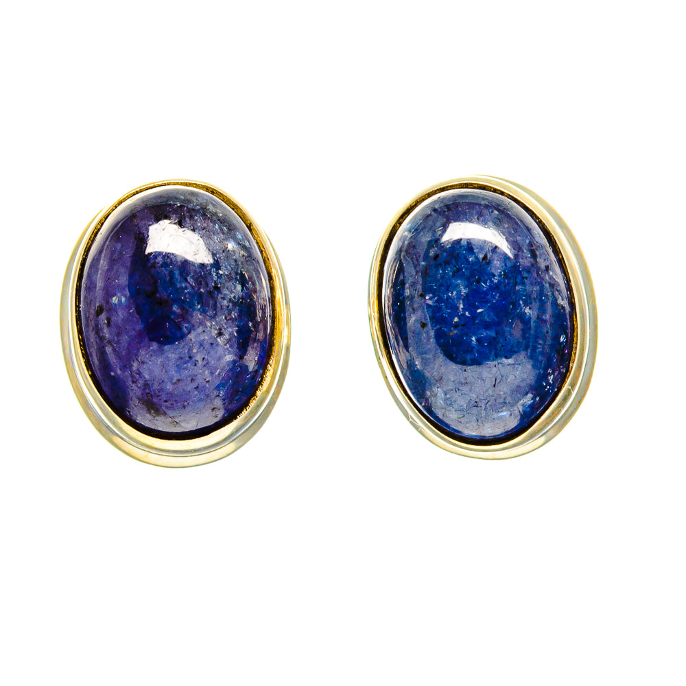 Natural tanzanite earrings in oval purple-blue stone with gold-tone bezel, sterling silver