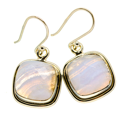 Sterling silver drop earrings with blue lace agate cabochons and fishhook backs
