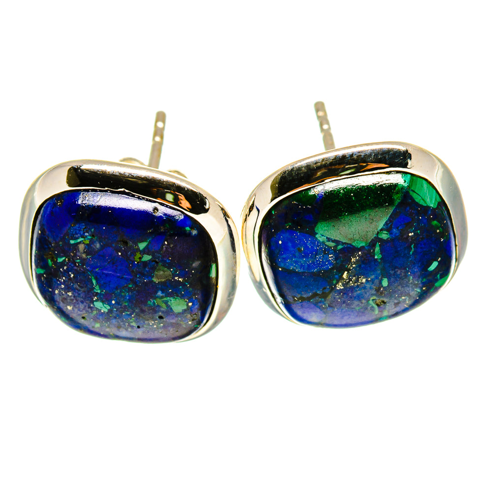 Oval azurite-style stud earrings in 925 sterling silver, blue and green cabochons