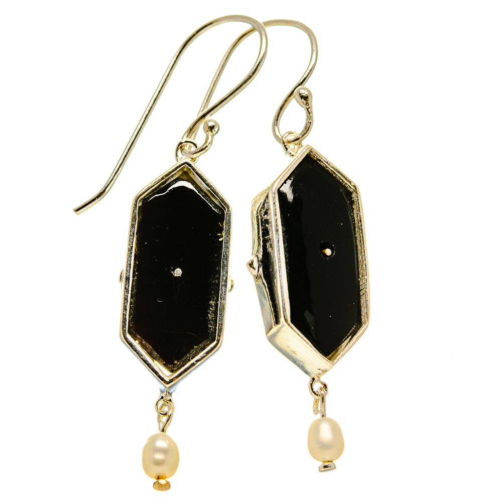 Faceted black onyx drop earrings, silver setting with cultured pearl bead drops