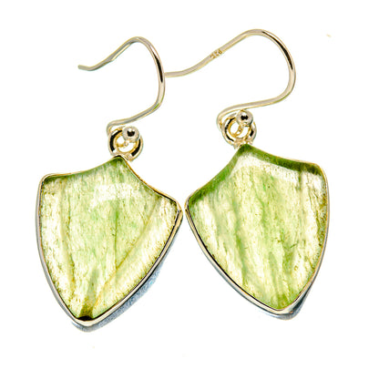 Shield gemstone earrings, 925 sterling silver with green prehnite panels and curved hooks