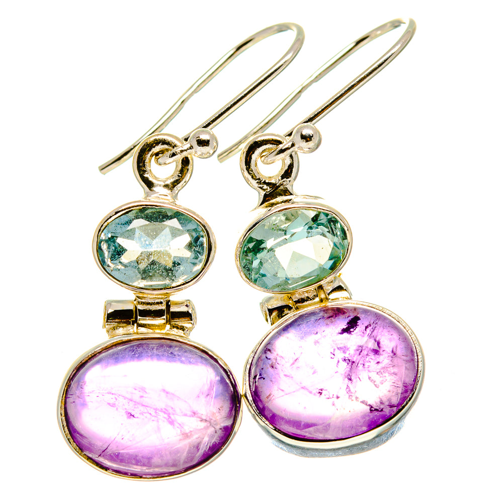 925 sterling silver drop earrings with oval purple amethyst and blue topaz stones, gold-tone bezels
