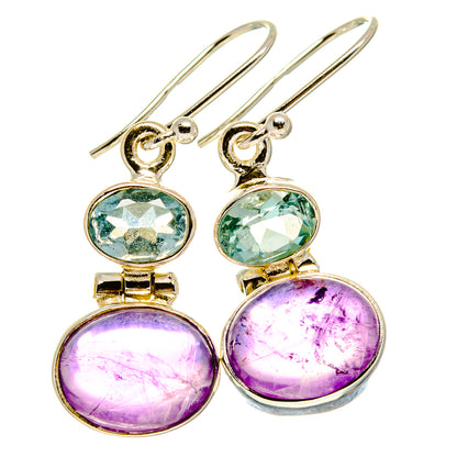 925 sterling silver drop earrings with oval purple amethyst and blue topaz stones, gold-tone bezels