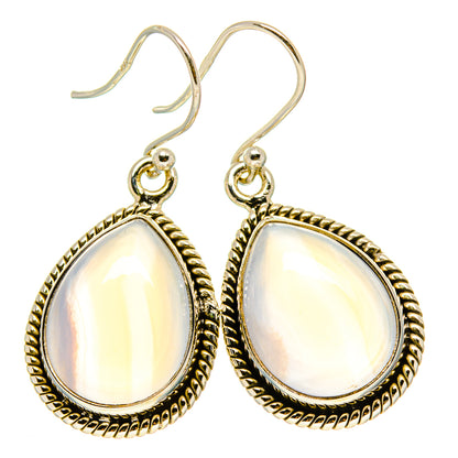 Teardrop agate earrings, white opalescent stones, textured gold-tone bezel, drop hooks