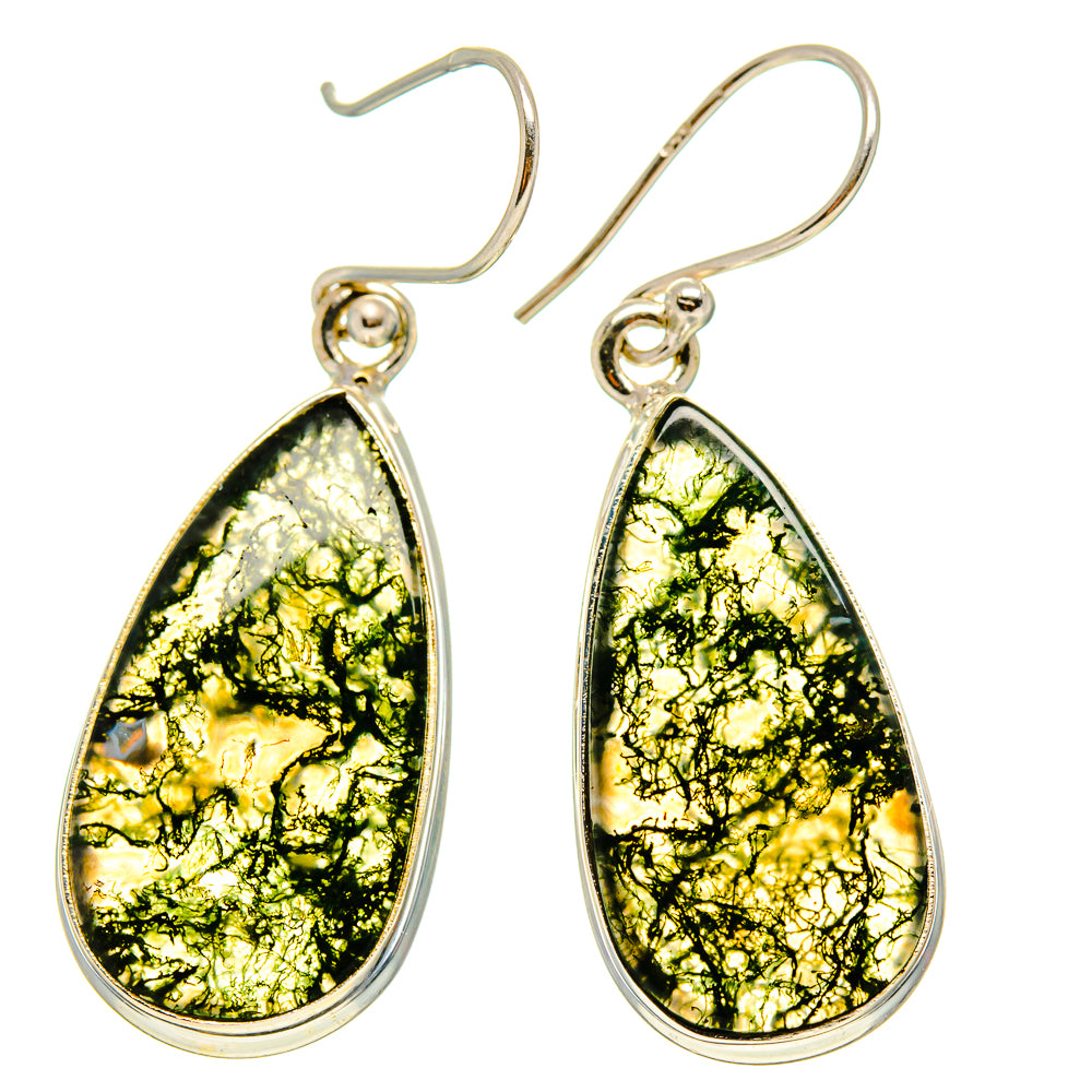 Pair of moss agate teardrop earrings, silver-tone frames with green and black marbled stone