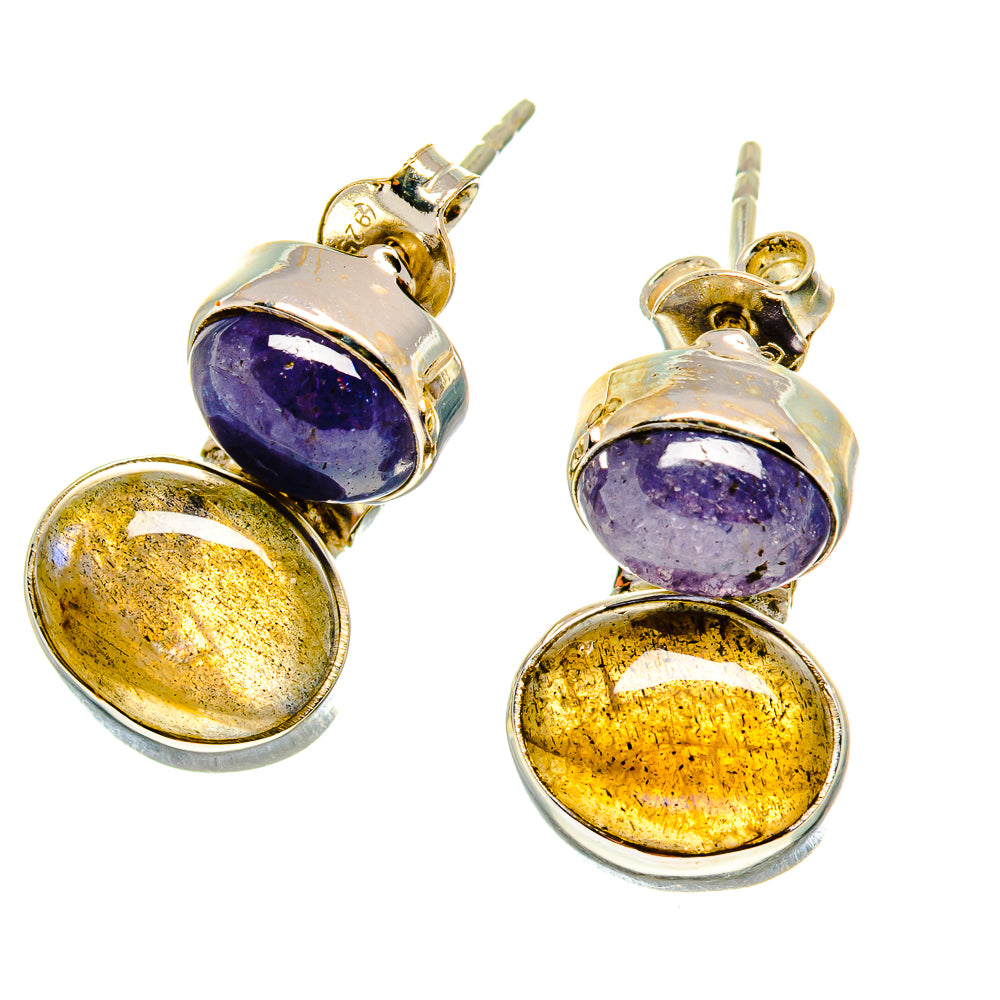Oval tanzanite and labradorite cabochon earrings with 925 sterling silver settings
