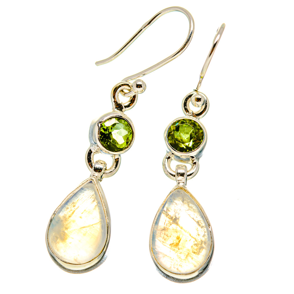 Sterling silver earrings with green peridot round accents and opalescent moonstone drops