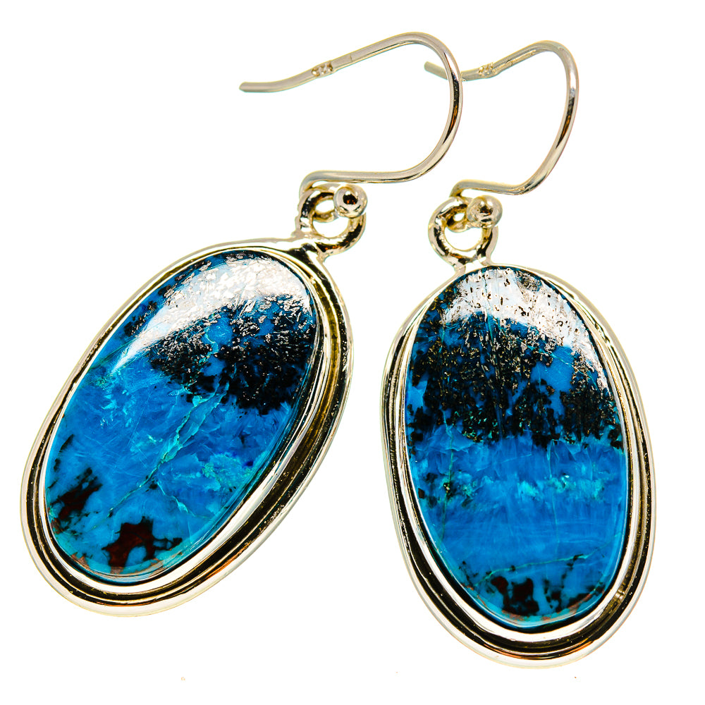 Shattuckite earrings with oval blue stone in gold-tone 925 sterling silver hooks