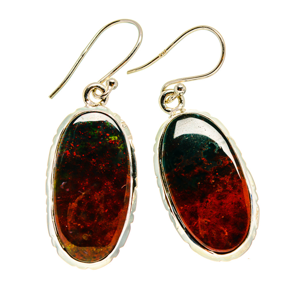 Bloodstone oval drop earrings, 925 sterling silver, red and green speckled stones