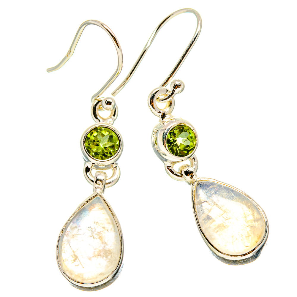 Sterling silver drop earrings with green peridot discs and cream teardrop moonstone