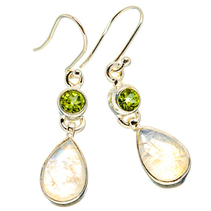 Sterling silver drop earrings with green peridot discs and cream teardrop moonstone