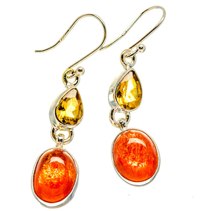 Sterling silver drop earrings with yellow citrine top and orange sunstone teardrop drops