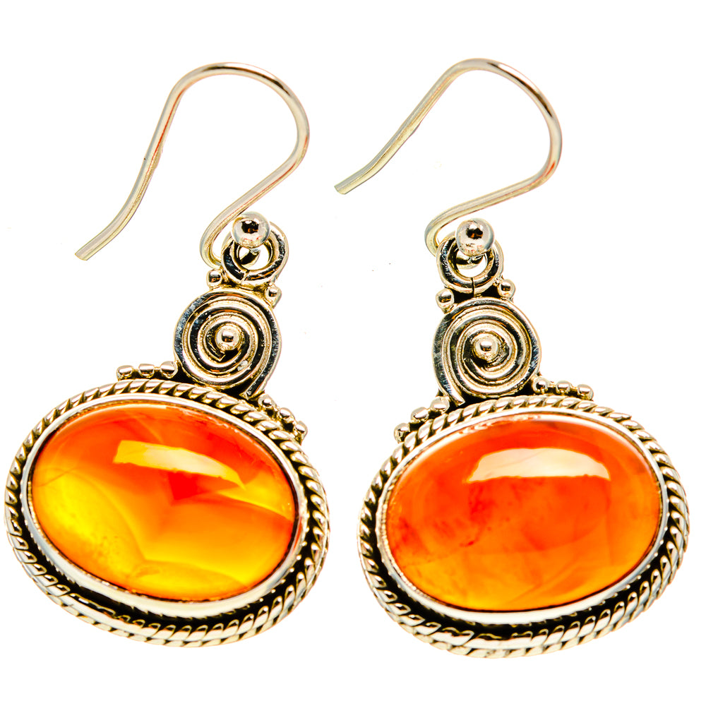 Carnelian drop earrings in 925 sterling silver with round orange gemstone cabochons