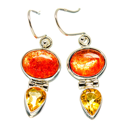 Sterling silver earrings with orange round sunstone and yellow teardrop citrine dangles
