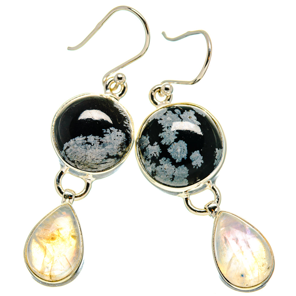 Snowflake obsidian and moonstone drop earrings in 925 sterling silver, round black stones