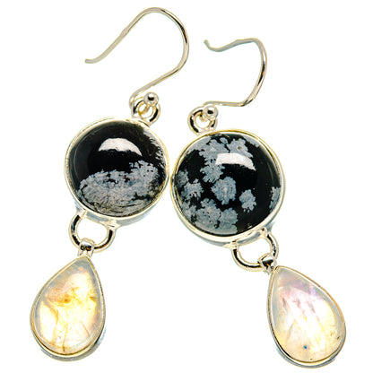 Snowflake obsidian and moonstone drop earrings in 925 sterling silver, round black stones