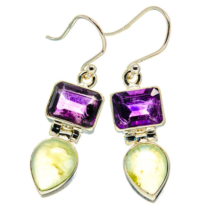 Silver hook earrings with square amethyst and prehnite teardrops, purple and yellow-green