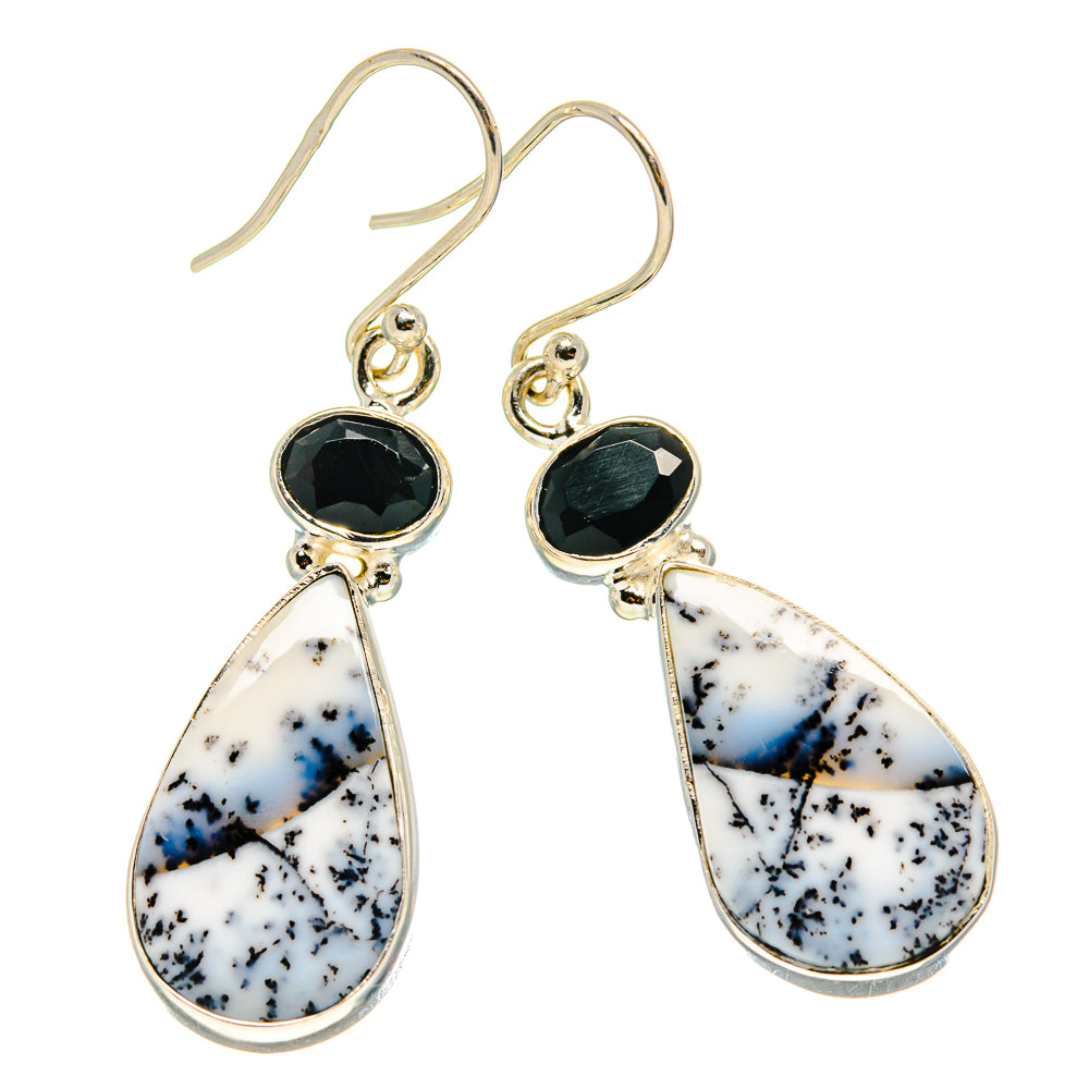 Dendritic opal and black onyx drop earrings with gold-tone hooks, teardrop stones
