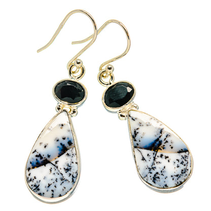 Dendritic opal and black onyx drop earrings with gold-tone hooks, teardrop stones