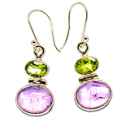 Amethyst and peridot drop earrings with oval purple and green stones in silver hooks