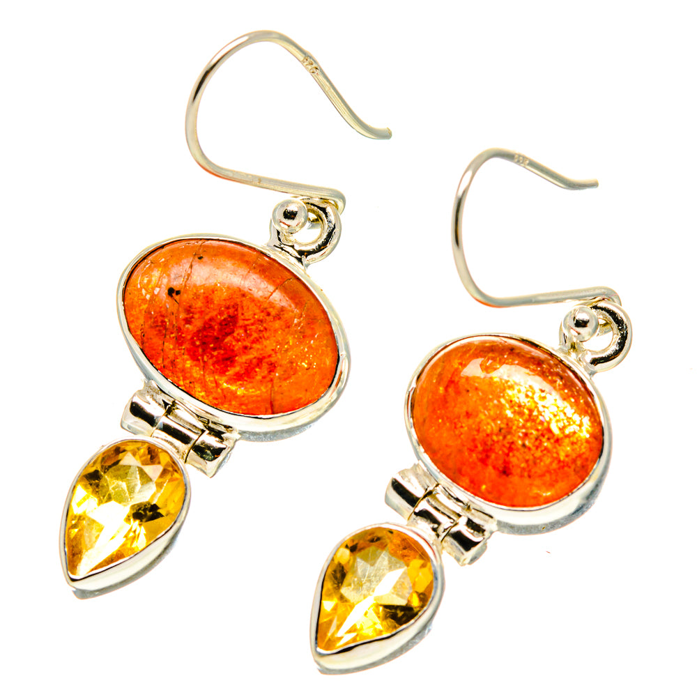 Sunstone and citrine drop earrings in 925 sterling silver, round orange stones and yellow teardrops