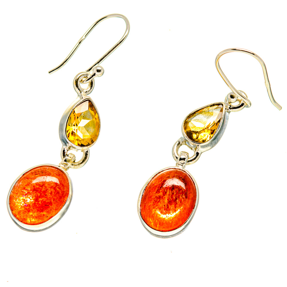 Sunstone and citrine drop earrings in 925 sterling silver, orange sunstone and yellow stones