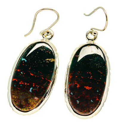 Oval bloodstone cabochon drop earrings with silver hooks; dark green stone with red-orange flecks