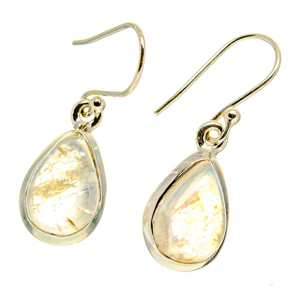 Rainbow moonstone teardrop earrings on silver-tone hooks, opalescent pear-shaped stones
