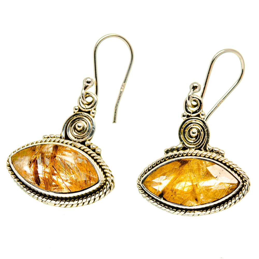 Rutilated quartz drop earrings with amber oval stones and ornate silver curved hooks