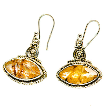 Rutilated quartz drop earrings with amber oval stones and ornate silver curved hooks